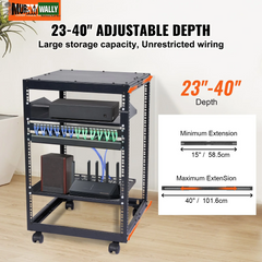 VEVOR 15U Open Frame Server Rack, 23''-40'' Adjustable Depth, Free Standing or Wall Mount Network Server Rack, 4 Post AV Rack with Casters, Holds All Your Networking IT Equipment AV Gear Router Modem