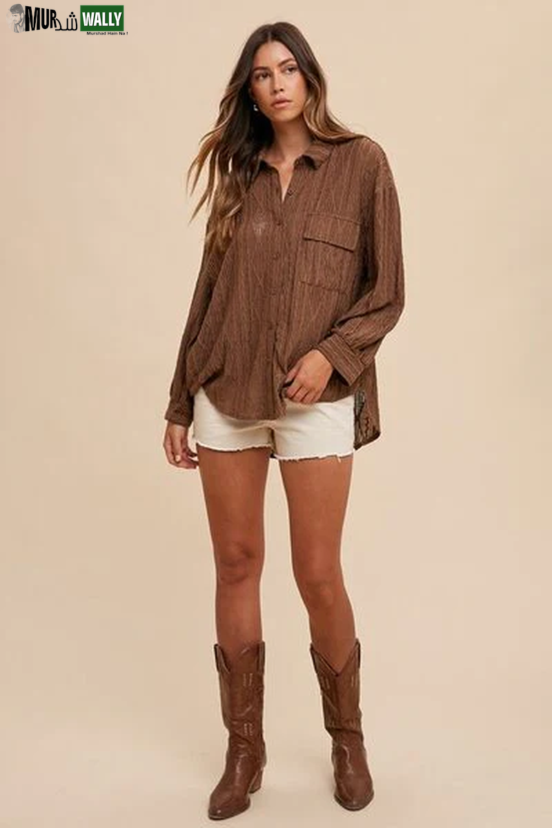 Annie Wear Openwork Button down Drop Shoulder Shirt