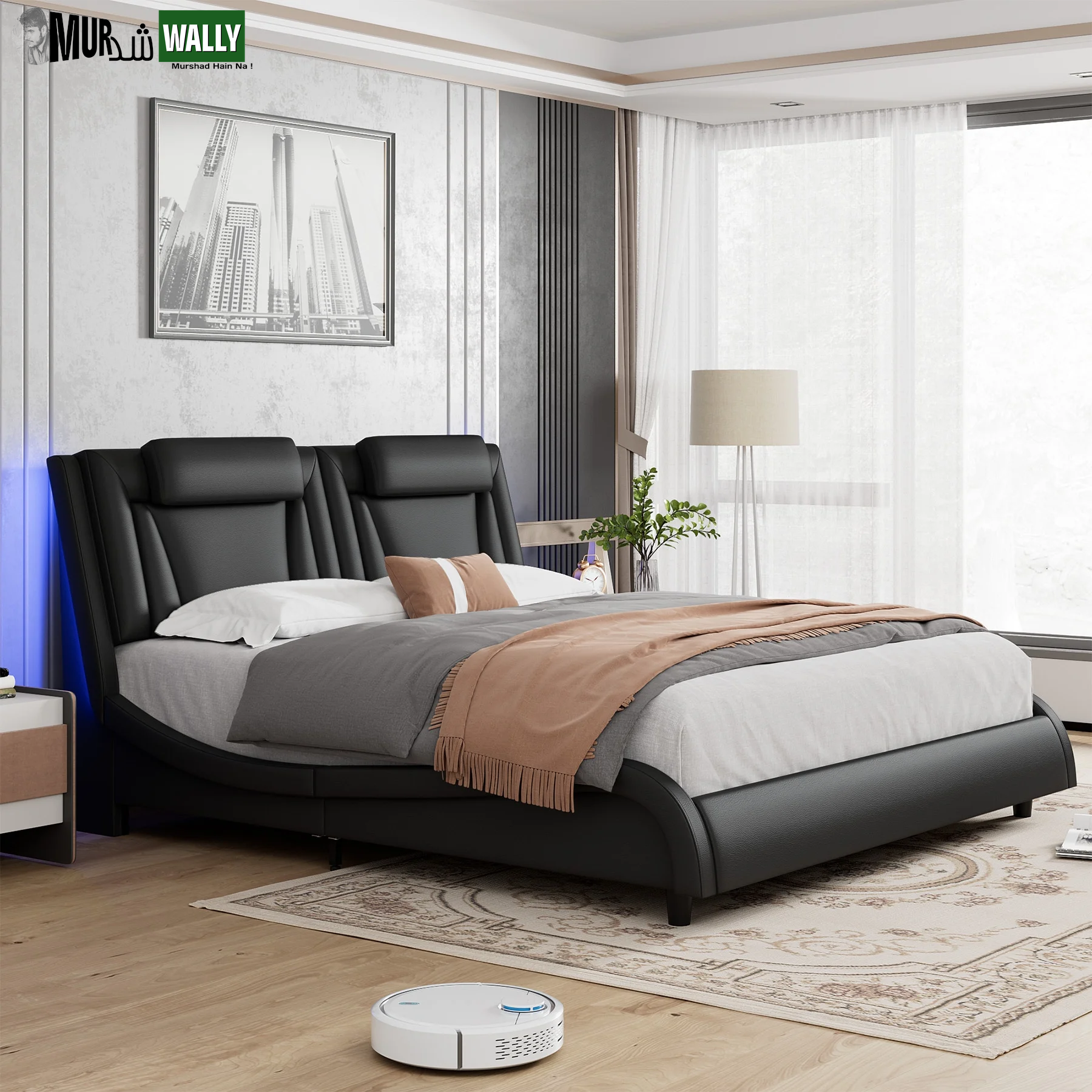 King Size LED Bed Frame, PU Leather Upholstered Curved Platform Bed Frame with Adjustable Headboard, Black