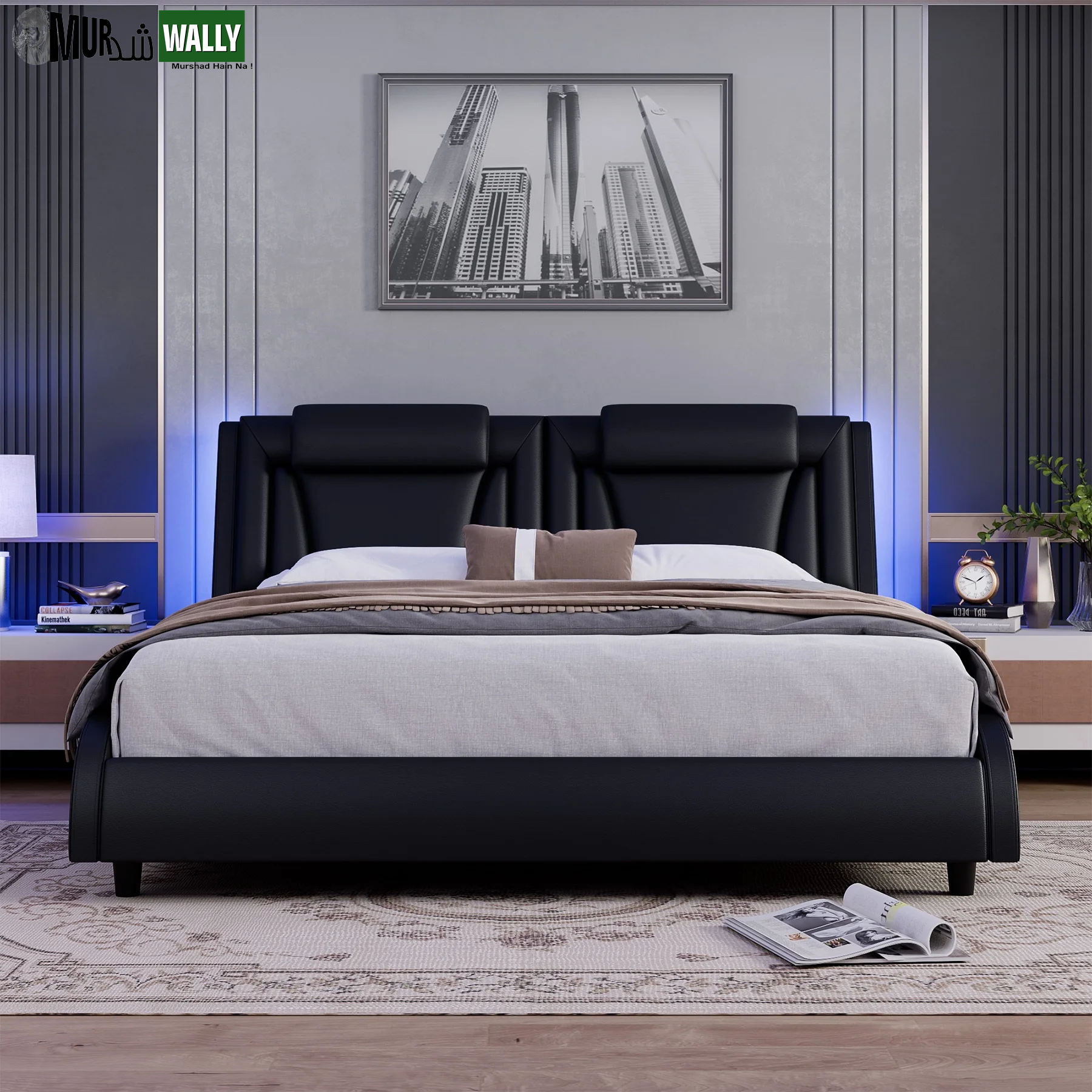 King Size LED Bed Frame, PU Leather Upholstered Curved Platform Bed Frame with Adjustable Headboard, Black
