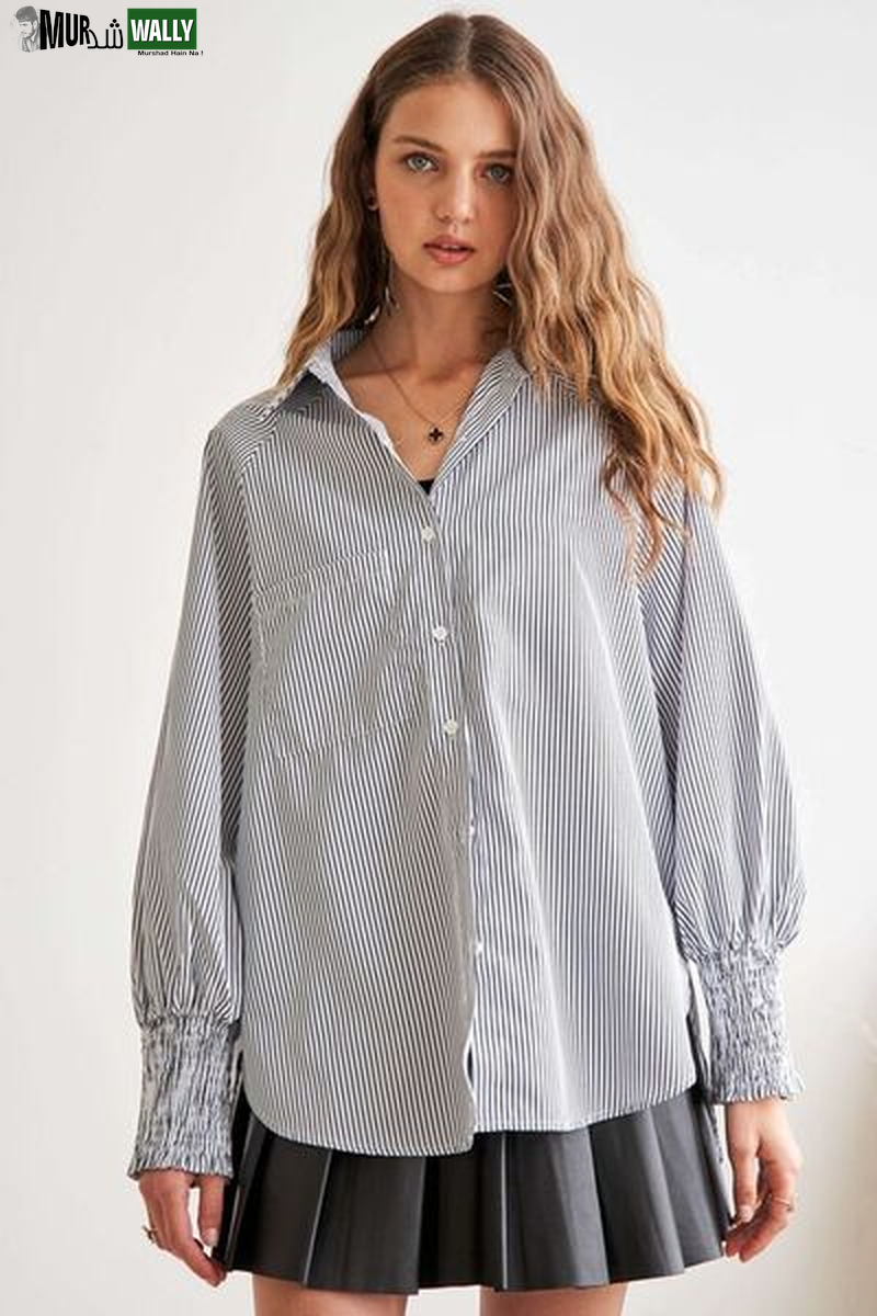 ADORA High-Low Striped Button down Smocked Lantern Sleeve Shirt