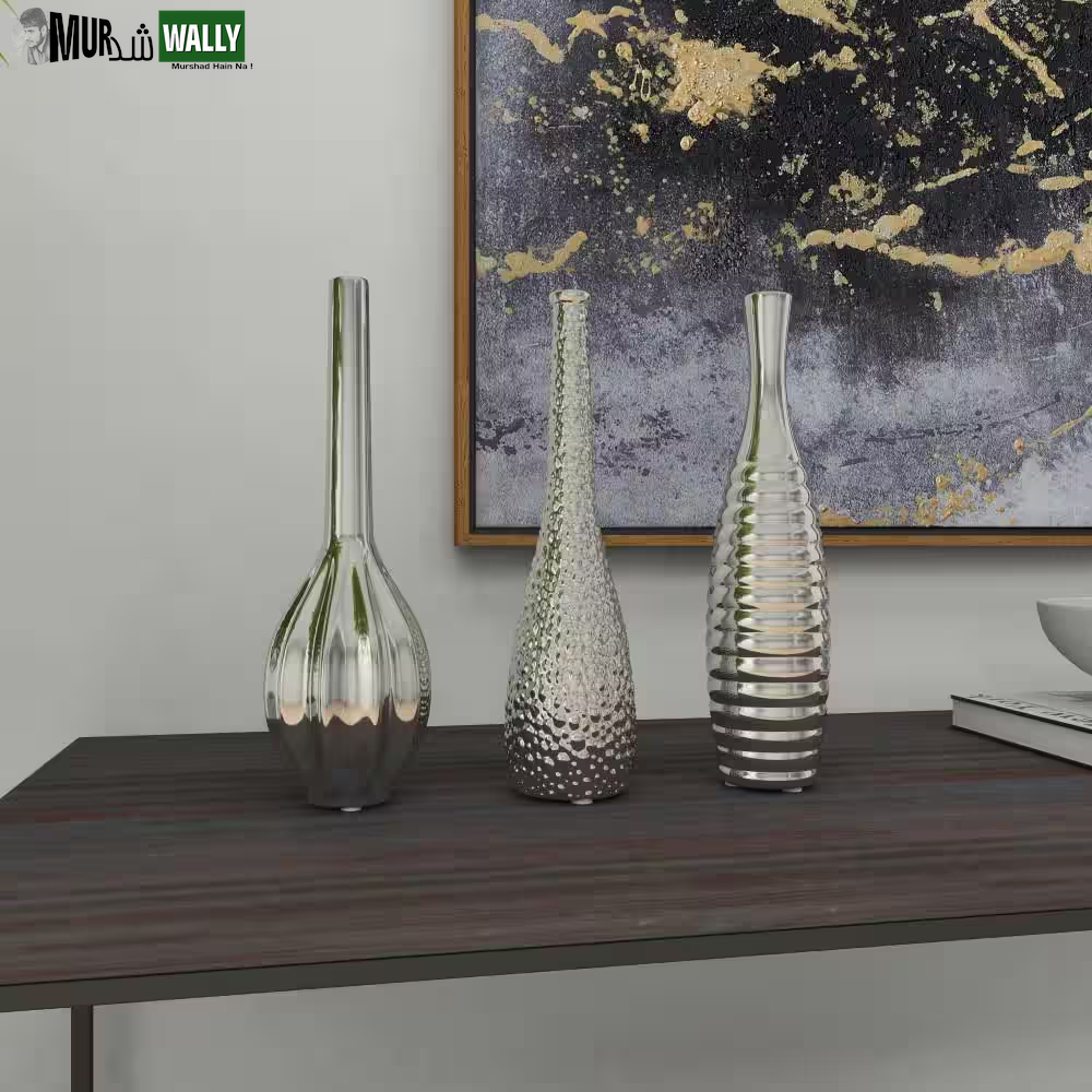 3 In., 12 In. Silver Slim Textured Bottleneck Ceramic Decorative Vase with Varying Patterns (Set of 3)