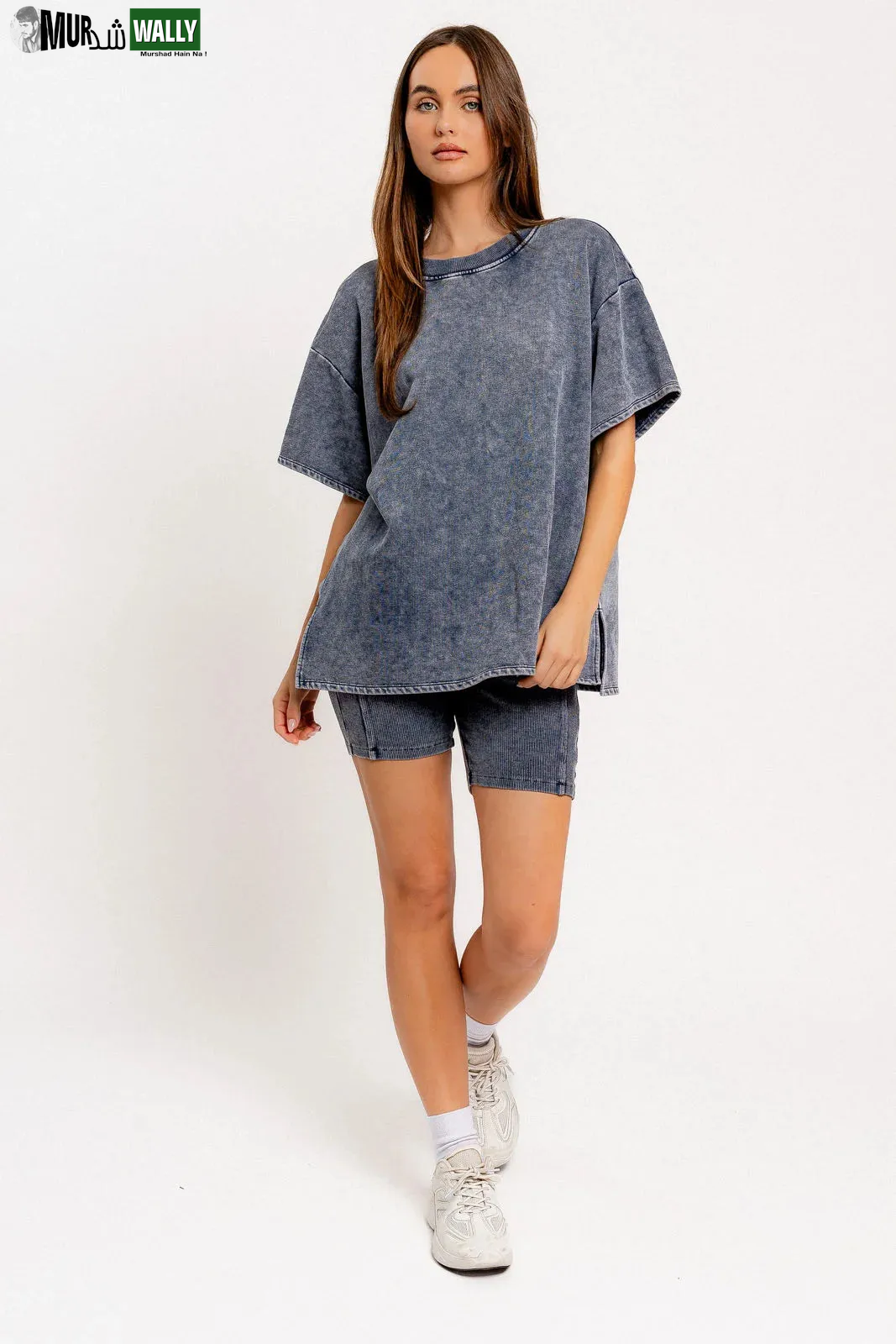 Short Sleeve Crew Neck Washed Oversized Basic Tunic Top