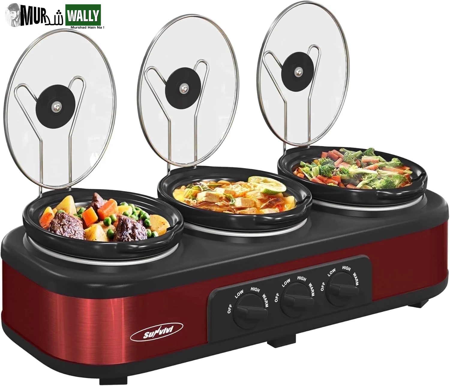 Triple Slow Cooker, 3X1.5 Quart Electric Slow Cooker Buffet Server, Food Warmer Cooking Pot, Adjustable Temp Removable Ceramic Pots Lid Rests